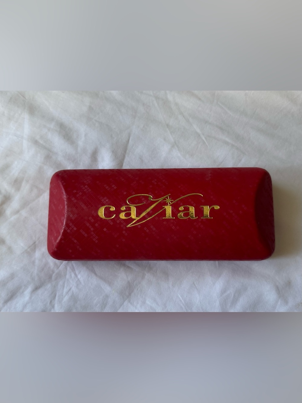 Caviar Eyeglasses Case Clamshell Hard Red Felt Lined Gold Logo 6.25" X 1.5"